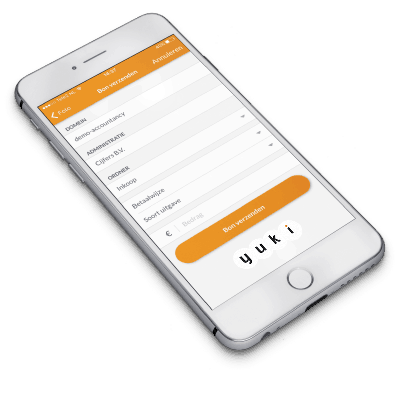 mockup van Yuki Assistant app op smartphone: digitale boekhouding